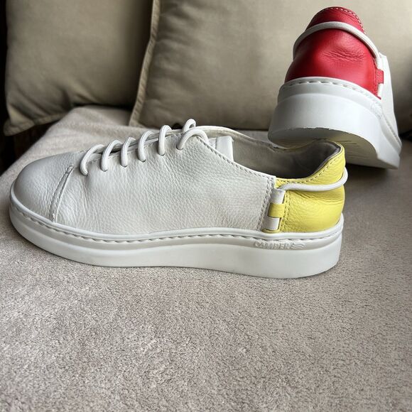 Camper Running Twins White Leather Sneakers Women EU 36 US 6 Red Yellow Heel - Picture 2 of 16